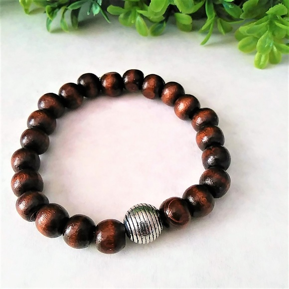 New Mens Wood Beaded Bracelet with Silver Accent - Picture 5 of 6